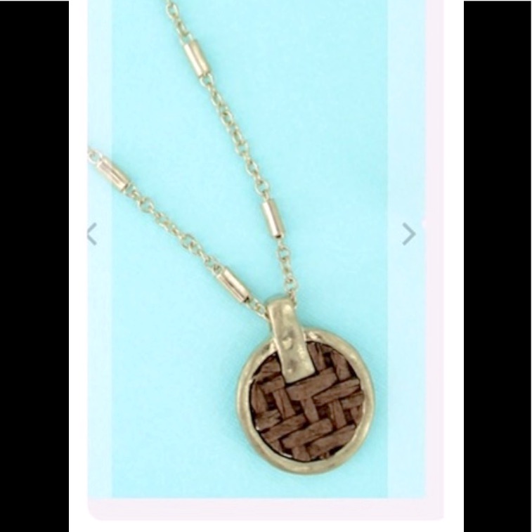 Bella Canvas Gold Toned Necklace With Brown Woven Decorative Pendant